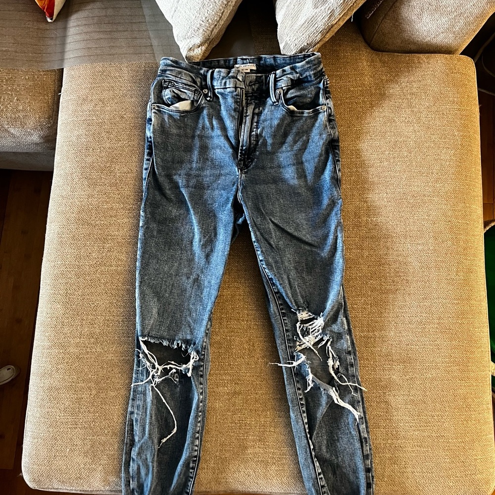 Good American High Rise Distressed Skinny Jeans 6/28 Super Stretch Raw Hem